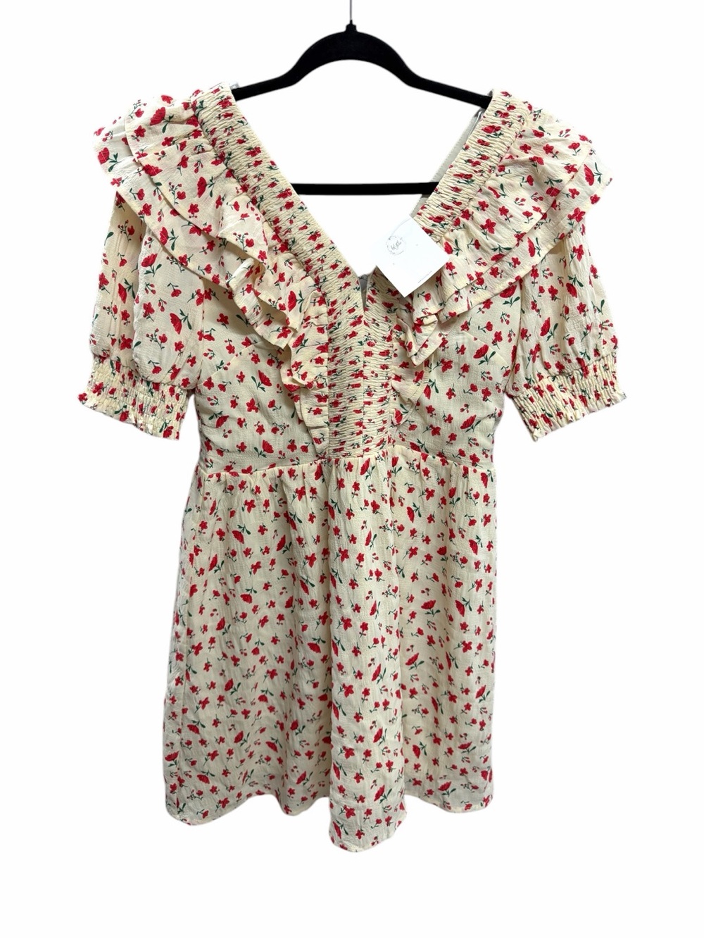 Lina Boutique Dress Cream Floral Mini Dress Romantic Ruffle Medium New